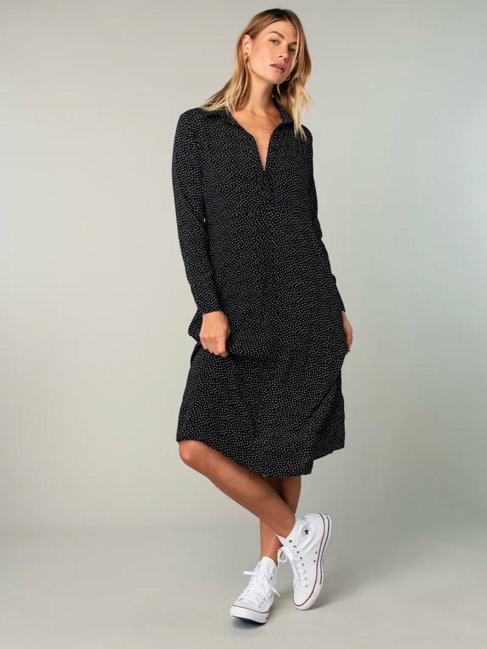 LoveStitch Polka Dot Midi Dress Sz Medium Collared Long Sleeve Chic NWT